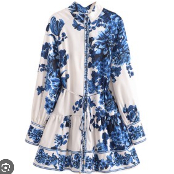 H&M Tie - Belt Floral White And Blue Dress Size M - Picture 2 of 7